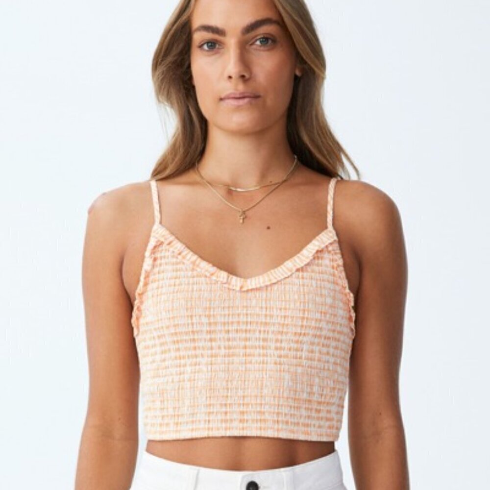 Cotton On Smocked Ruffle Top Womens Large Orange Spaghetti Strap Crop Cami Tank